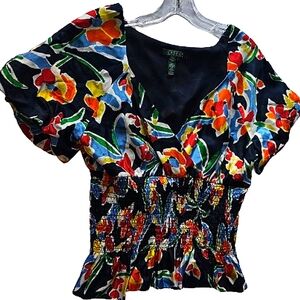 Ralph Lauren LRL Women's Blue Red floral mocked Puff Short Sleeve Silk  …